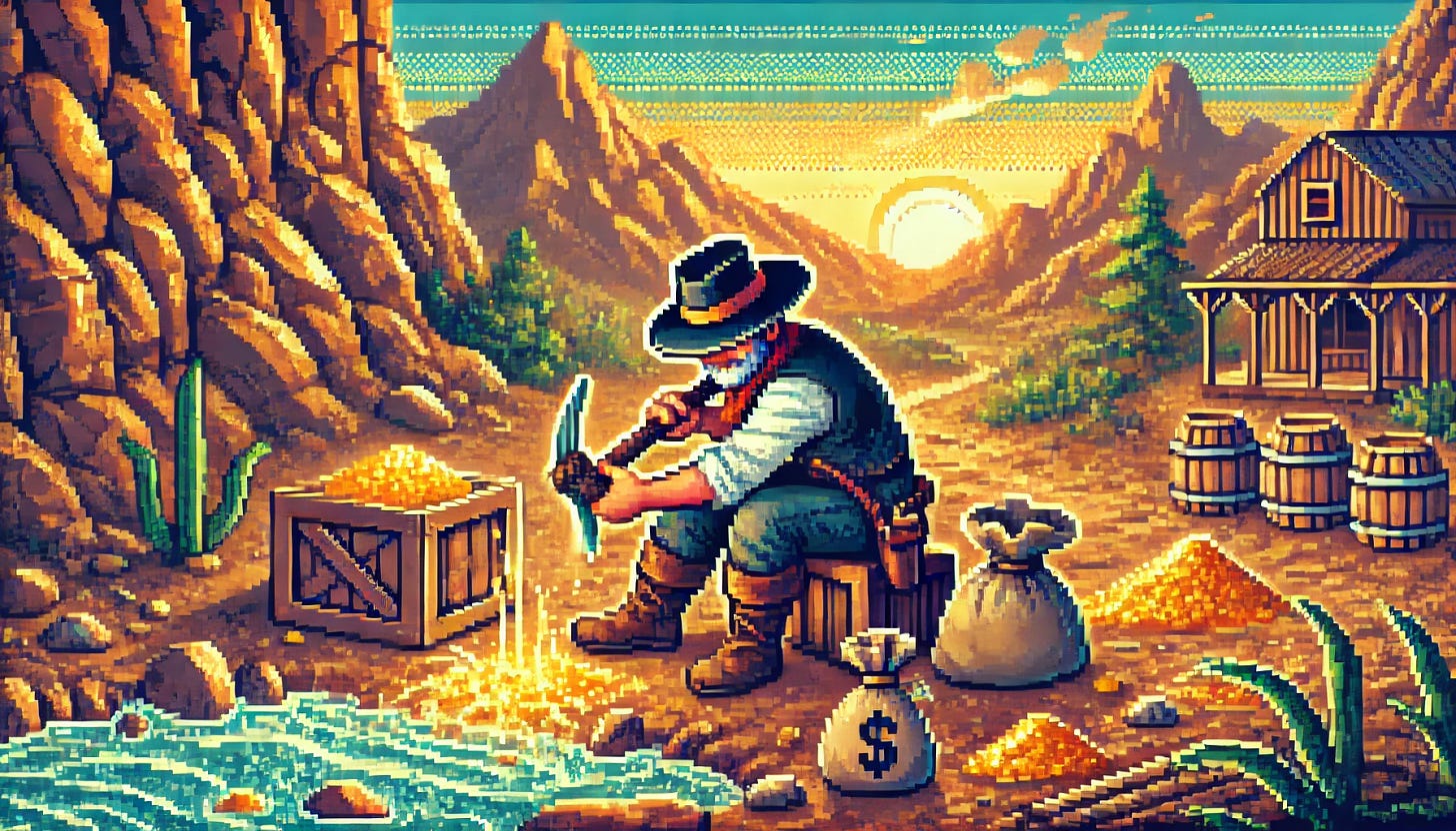 A pixel art scene in the style of a 1980s frontier adventure computer game. A rugged prospector is digging for gold in a rocky mountain landscape. He's wearing a wide-brimmed hat, with a pickaxe in hand, striking the ground near a shallow stream. Surrounding him are sacks of supplies, a wooden crate, and a small campfire. The background shows towering mountains and a vibrant sunset sky. The colors are earthy with golden highlights, emphasizing the old west gold rush theme.