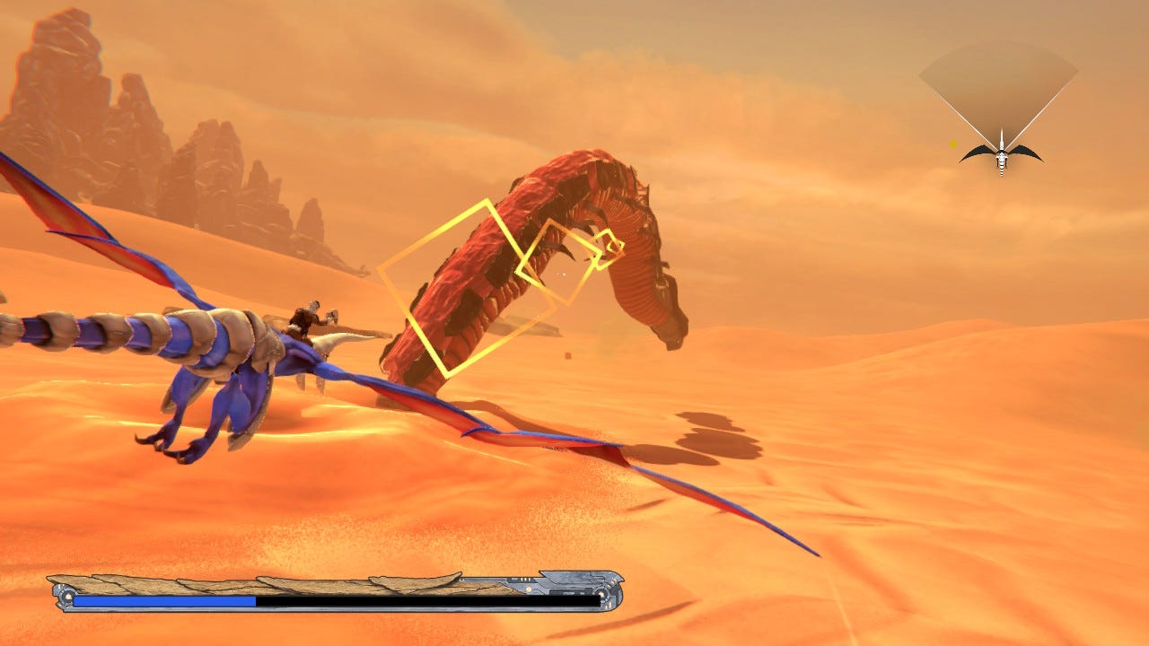 A screenshot from episode 2 of Panzer Dragoon: Remake, with the blue dragon targeting an enormous sandworm located in front of it. A vast desert stretches in every direction, with rock faces and clouds off in the distance, as well.