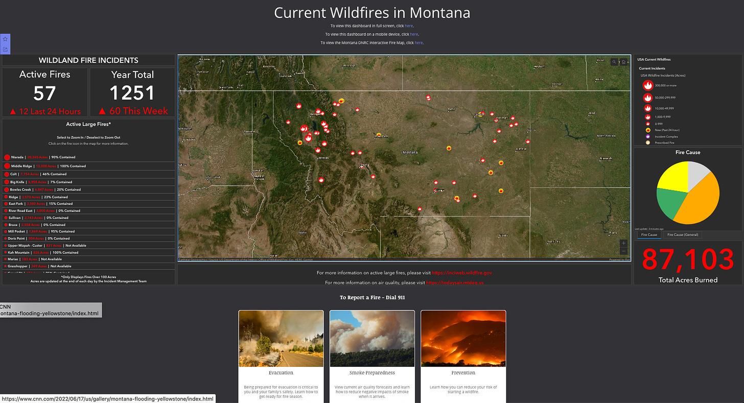 Static graphic of interactive map tallying Montana wildfires. Over 87,000 acres burned as of August 19.