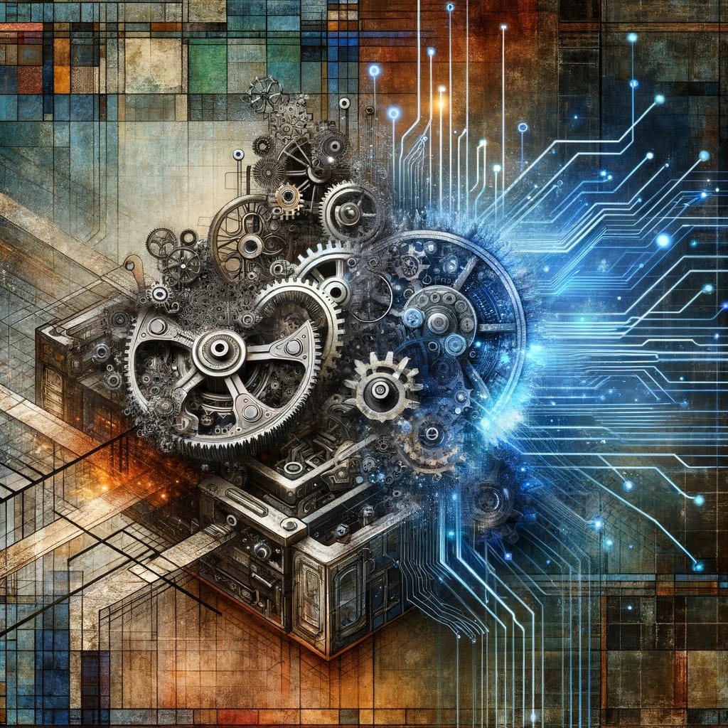 An abstract representation of two distinct technologies combining to create a more advanced technology. The first technology is depicted as a vintage mechanical gear system, symbolizing traditional mechanics. The second is a futuristic circuit board, representing modern electronics. These two elements are merging in the center of the image, where they transform into a complex, hybrid machine, a fusion of gears and electronic circuits. This new machine is intricate, showcasing the seamless integration of both technologies. The background is a blend of an old workshop and a modern tech lab, symbolizing the merger of past and future.