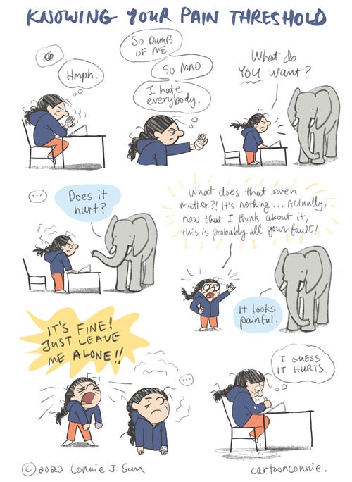 knowing your pain threshold diary comic, journal comic, comics, sketchbook, cartoon, illustration, connie sun, cartoonconnie, cartoon about recognizing stages of pain, emotions, stress awareness, and healing