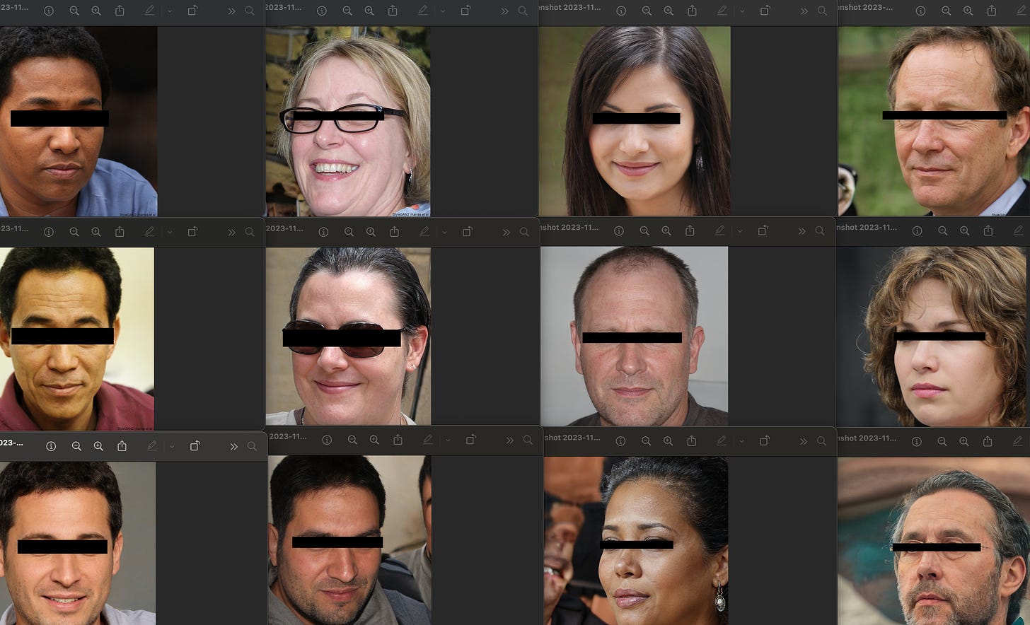 Grid of 12 images of human faces with the eyes covered up by a black bar