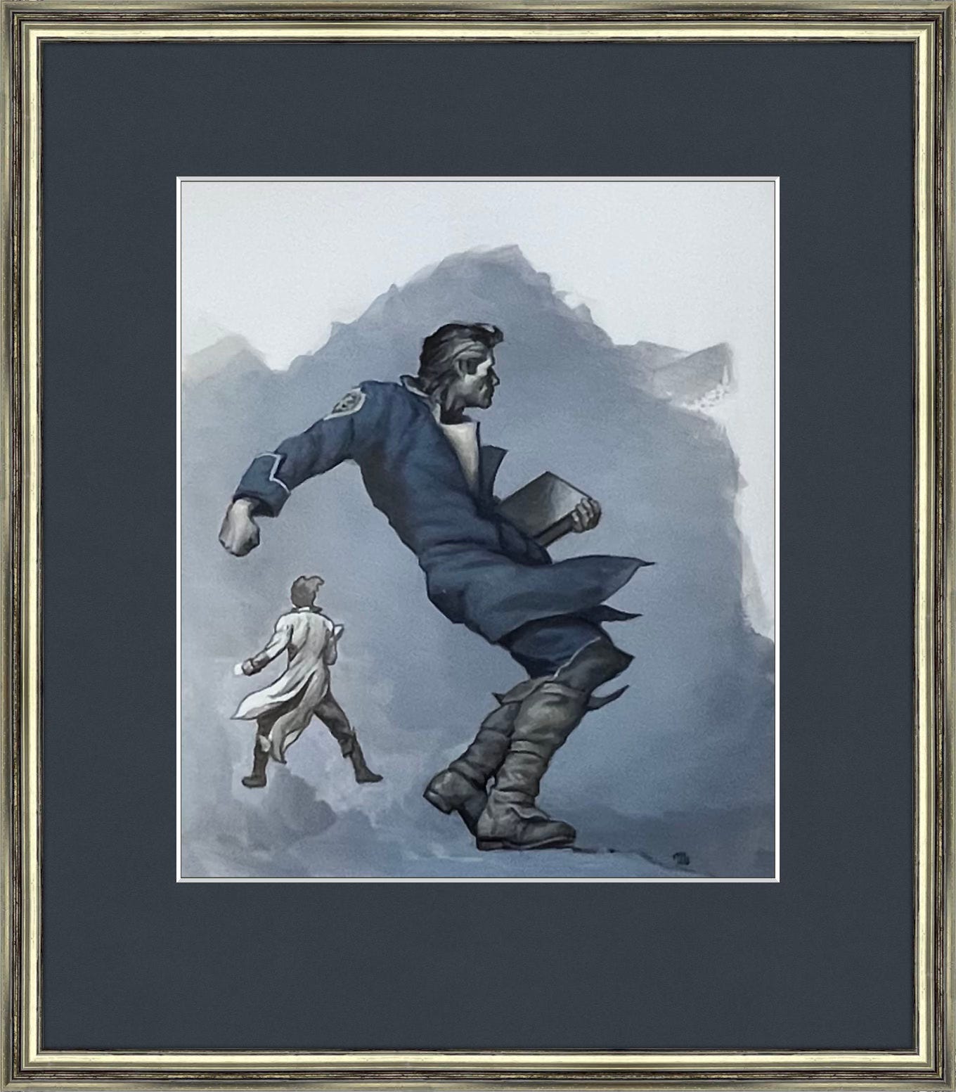 Framed and matted figure study of Dalinar Kholin in blue uniform against a lighter wash of blue that doesn't cover the whole window of the mat. His pose is dynamic, with legs out front, leaning back and throwing his arm behind him. In his left hand, he grips a large book. In the lower left is smaller figure with back turned and book in right hand, but the uniform is white