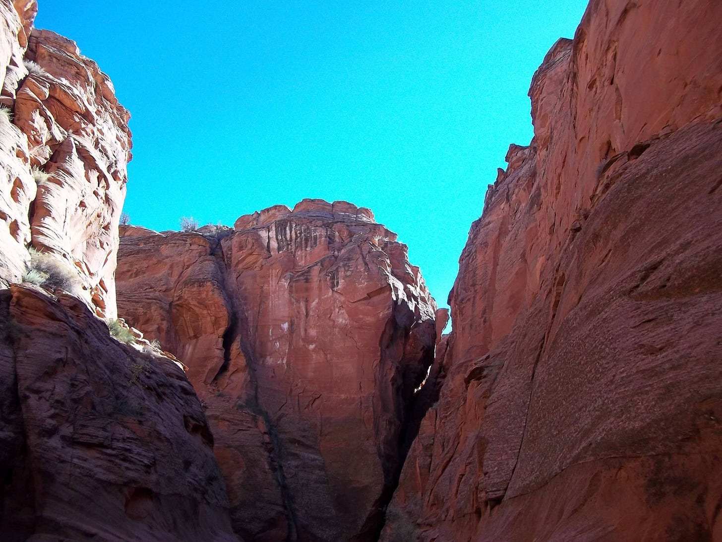 A picture of a canyon in Arizona with red, tall canyon walls and a turquoise ombre sky.
