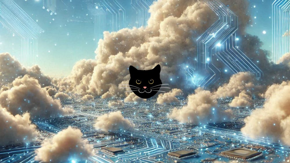 Image of clouds, electronic circuits and a cat face