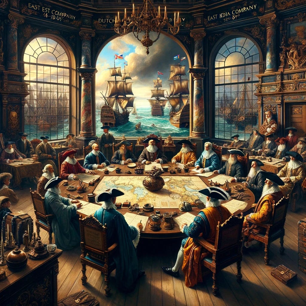 Oil painting in the style of the 16th-17th century showcasing an opulent boardroom setting. Representatives of the British East India Company and the Dutch East India Company sit around a large wooden table, adorned with maritime maps and trading contracts. The atmosphere is thick with strategy and negotiations, with each delegate emphasizing their company's interests. Large windows in the background offer a view of bustling ports, with ships sailing in and out, symbolizing the companies' dominance in maritime trade.