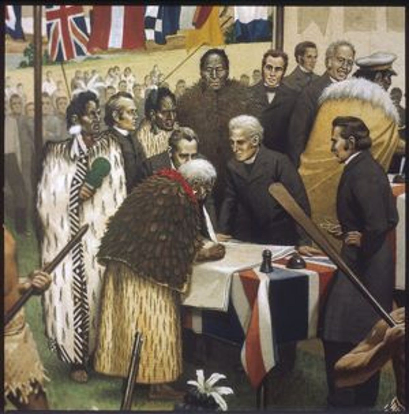 Stylised image depicting the signing of Te Tiriti o Waitangi