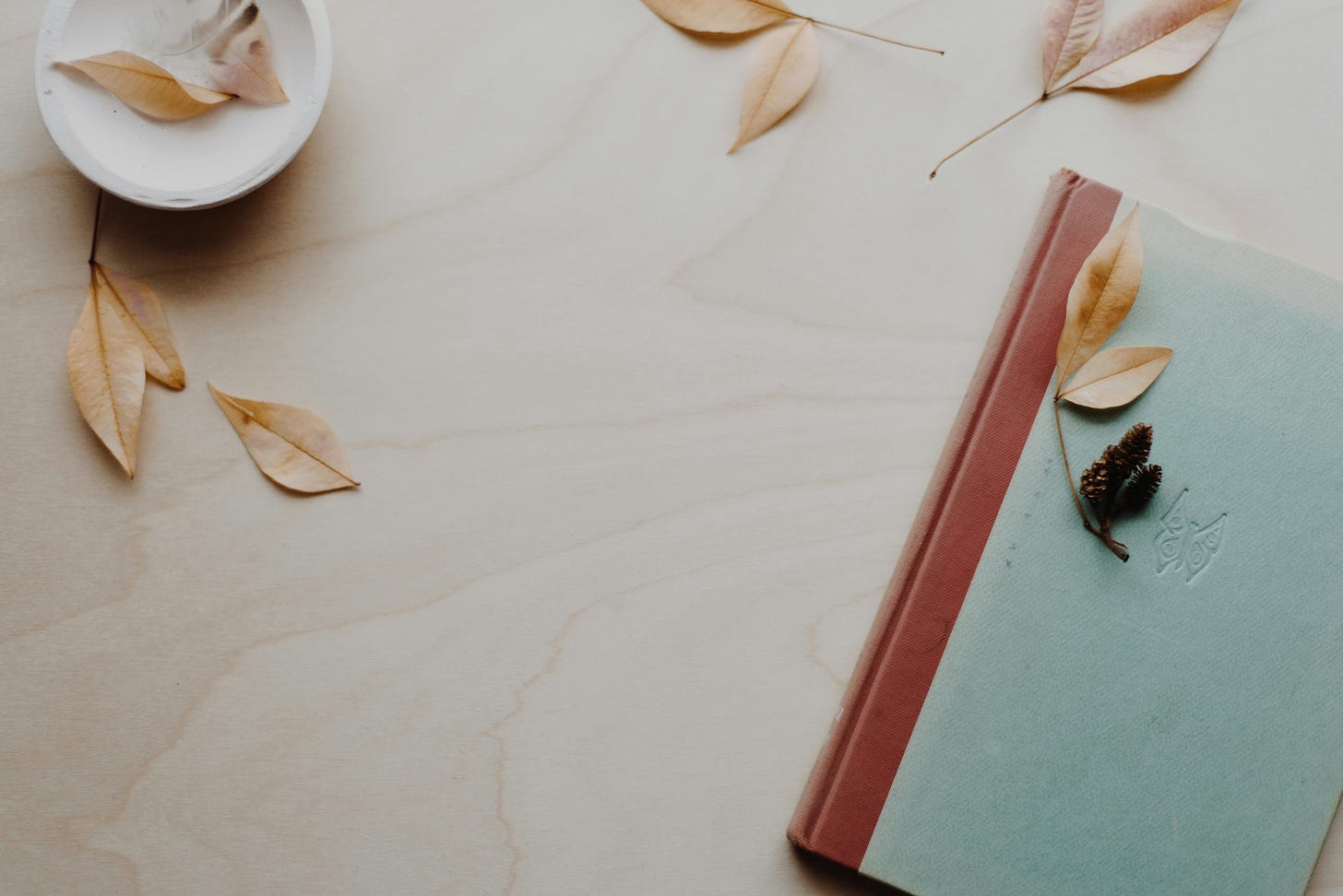 Notebook on table with fall leaves