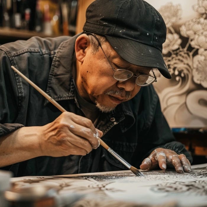 Elderly Asian man painting very carefully and attentively