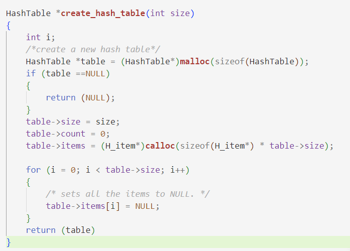 create_hash_table() function allocates memory for a new hash table with a specified size, initializes its fields, and returns a pointer to the new hash table.