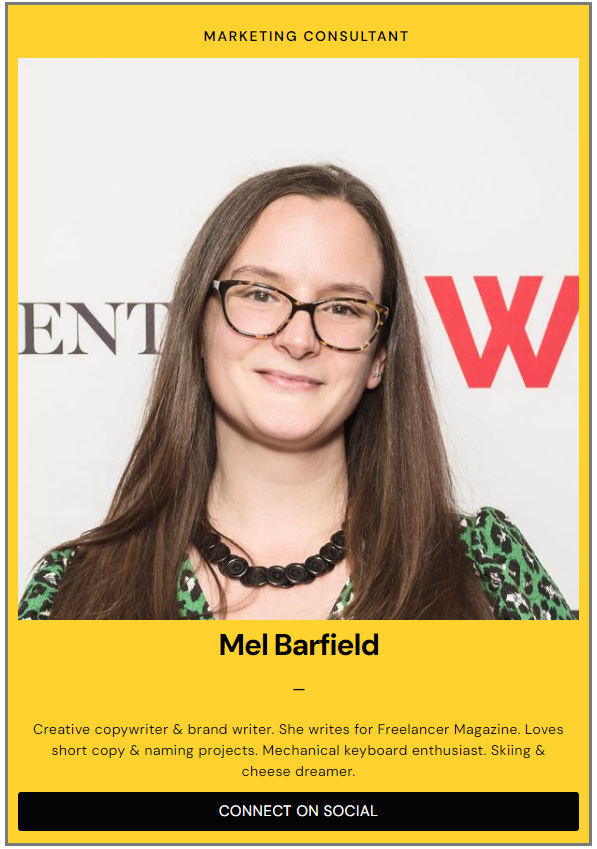 Mel Barfield with a yellow background and text below saying she's awesome and loves cheese