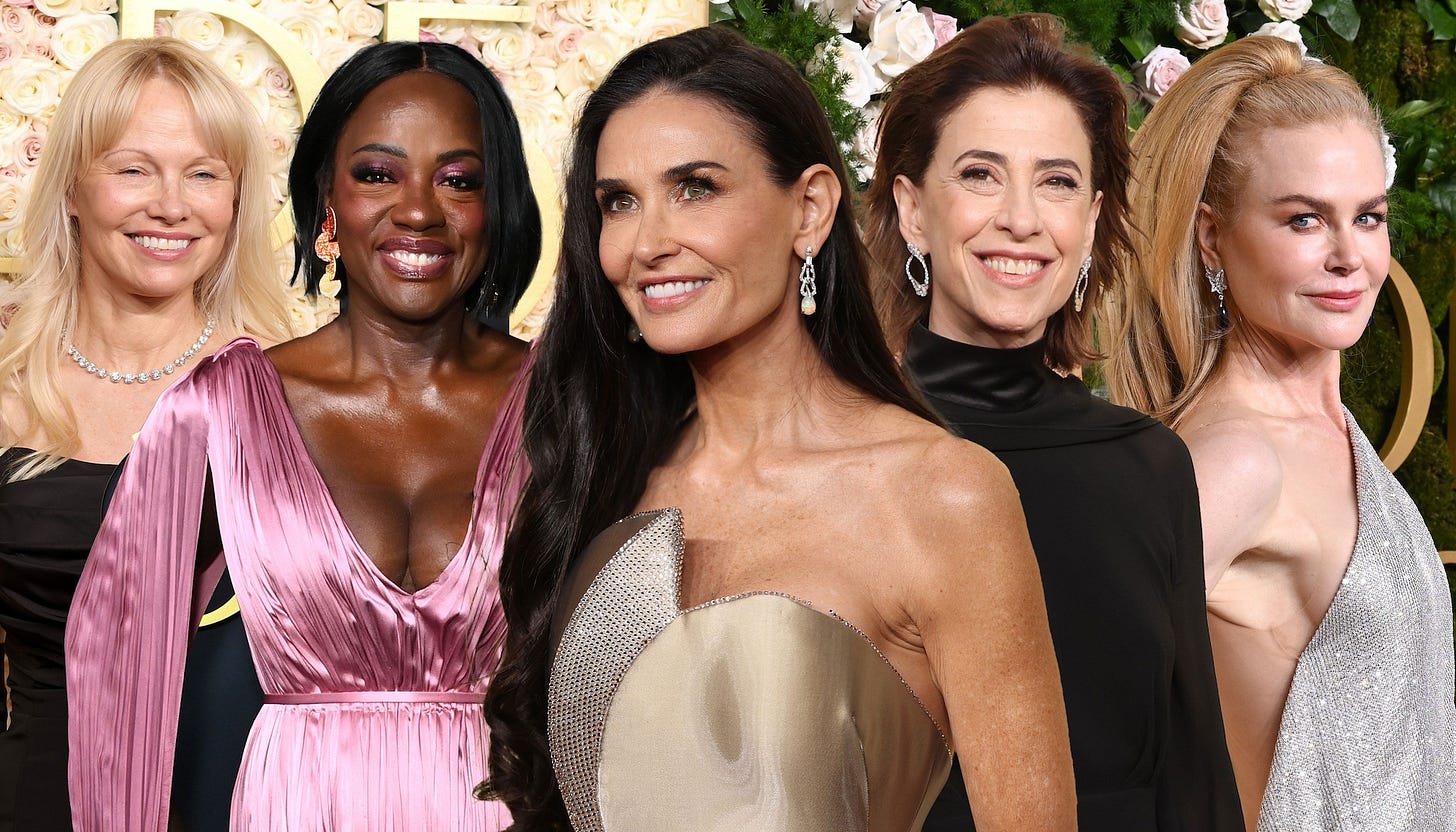 collage of women over 50 who attended the 2025 golden globes