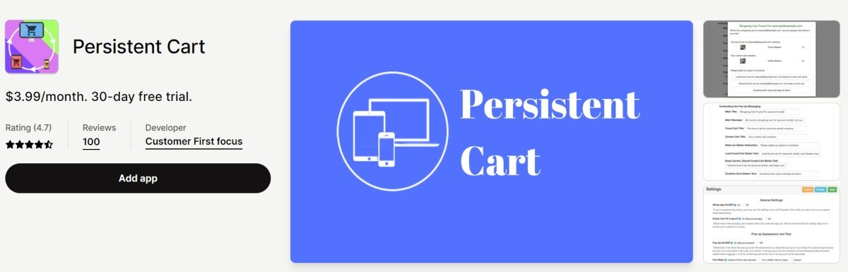 Persistent Cart app for Shopify