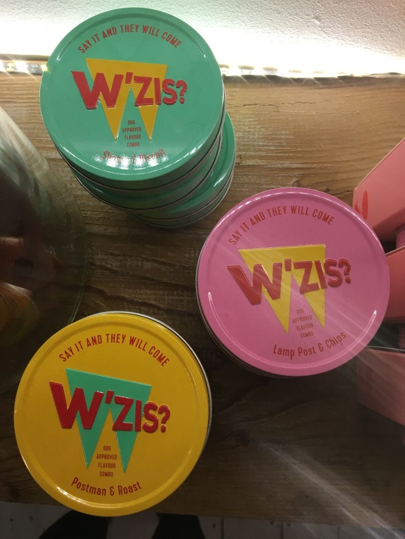 W'zis vegan dog treats in Postman & Roast, Slipper & Biscuit and Lamp Post & Chips flavours.