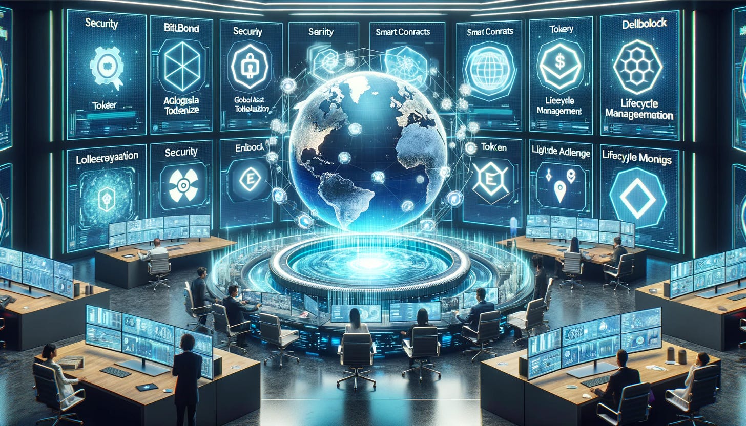 Photo of a futuristic financial hub. At its core is a holographic globe, with digital tokens revolving around it, symbolizing global asset tokenization. Floating screens display the Ledger logo and its collaborations with Bitbond, Tokeny, Eniblock, and Deloitte. Around this hub, professionals work on transparent touchscreens, addressing challenges highlighted as floating icons like 'Security', 'Smart Contracts', and 'Lifecycle Management'. The atmosphere is one of innovation, with Ledger leading the charge to simplify tokenization complexities.