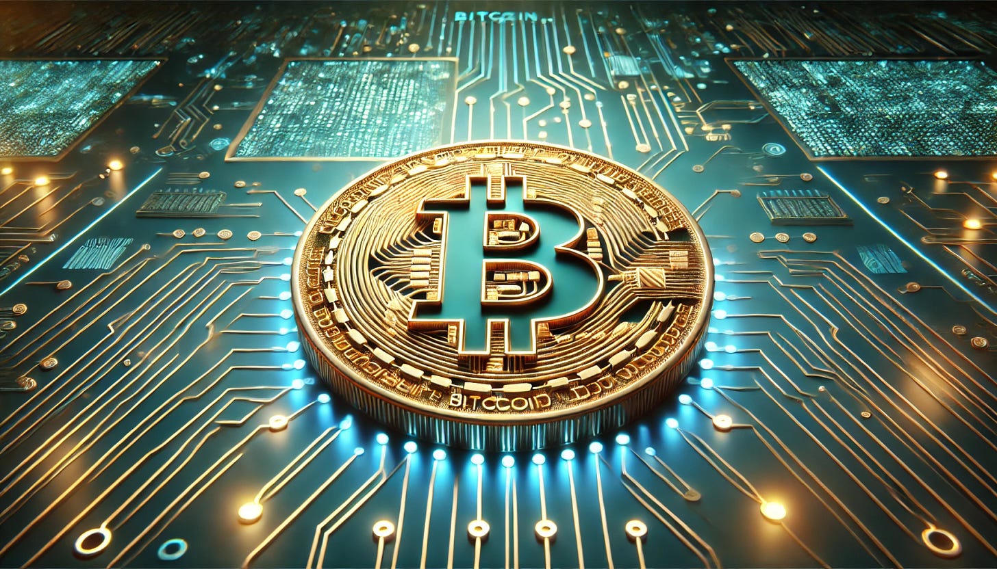 A highly detailed and realistic depiction of a Bitcoin symbol (₿) placed on a futuristic digital background. The background features glowing circuit lines and abstract data patterns in shades of blue and green, symbolizing cryptocurrency and blockchain technology. The Bitcoin symbol is golden, shiny, and embossed, standing out prominently with a 3D effect. The image is horizontally wide to emphasize an expanded view, creating a cinematic effect.