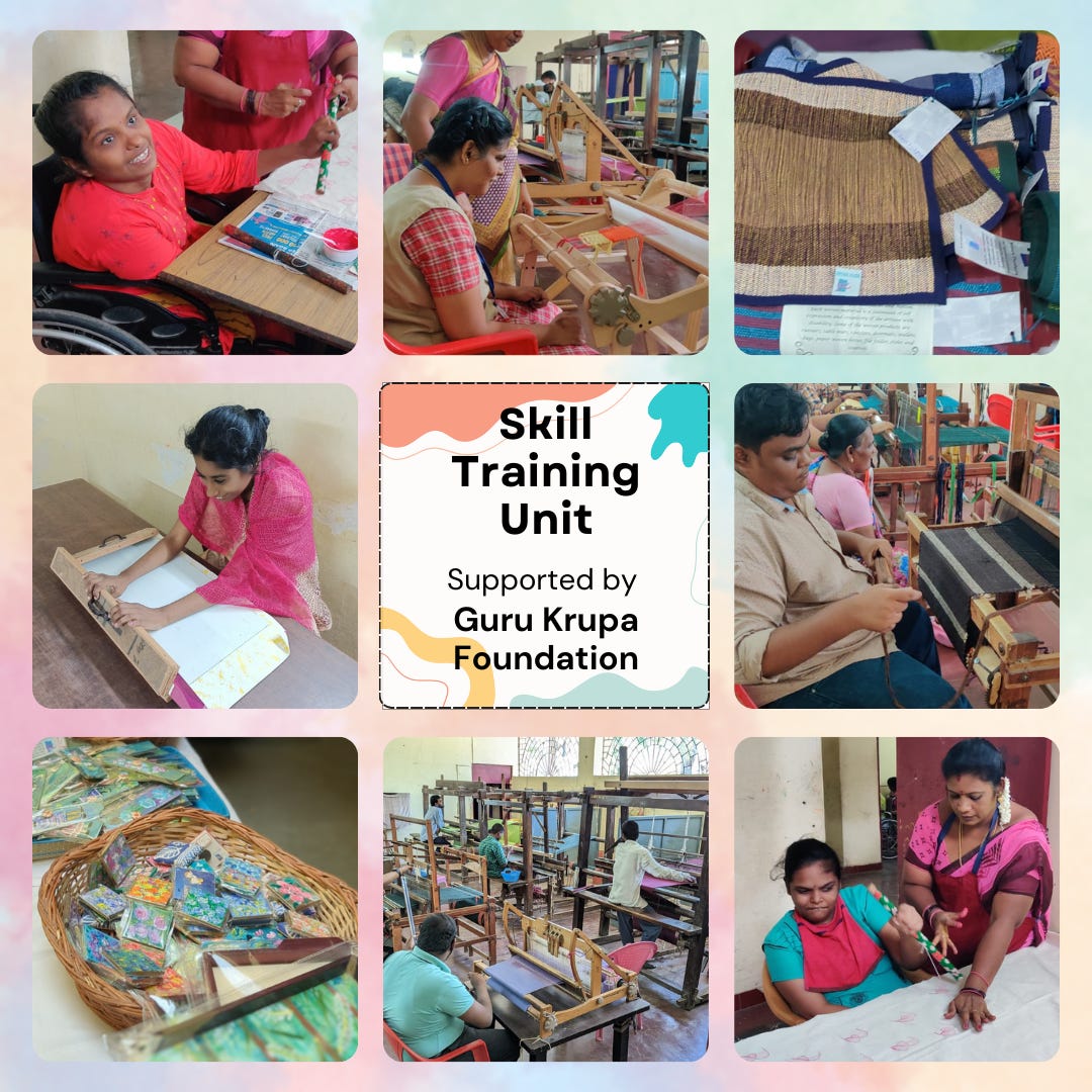 The images collectively showcase the joyful and empowering atmosphere of the skill training unit, where adults with disabilities are learning valuable skills and working towards financial independence. The Guru Krupa Foundation, based in New York, proudly supports the unit.  The collage is composed of nine images arranged in a three-by-three grid:  Top Left: A smiling woman in a red top, sitting in a wheelchair, is engaged in athread painting at a table.  Top Center: Another woman, focused and determined, works on a loom, wearing a red and beige Vidya Sagar Uniform.  Top Right: A close-up shot of beautifully woven mats showcasing intricate patterns and textures . Middle Left: A young woman in a pink shawl diligently working on a wooden frame, possibly doing some sort of thread or fabric craft.  Middle Center: The central image contains text that reads "Skill Training Unit Supported by Guru Krupa Foundation," adorned with colorful abstract shapes in the background.  Middle Right: Two individuals working on a weaving loom, one threading the loom while the other seems to be supporting the other individual.  Bottom Left: A basket filled with vibrant, handmade crafts showcasing the variety of items produced. Bottom Center: A wider shot of the weaving area, with several individuals focused on their looms, highlighting the collaborative and supportive environment.  Bottom Right: A woman in a teal dress receives guidance from an instructor in a pink saree as they work on a fabric, possibly doing thread painting.