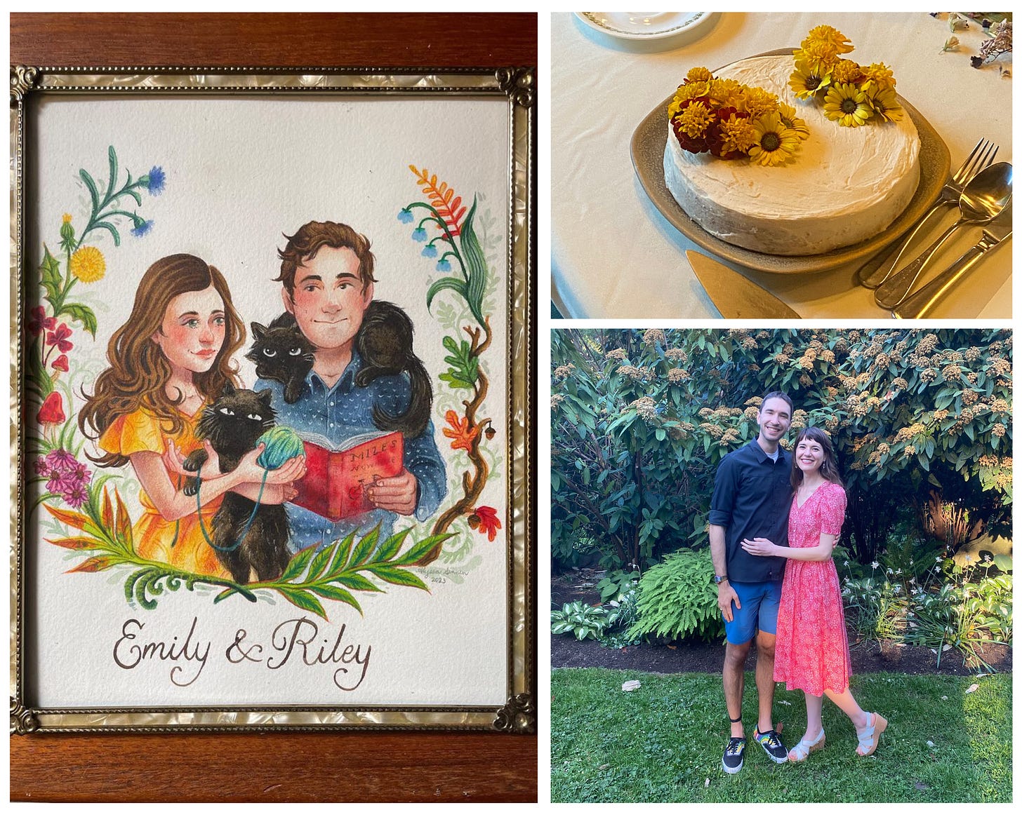 A photo collage of three images from Emily and Riley's wedding celebration, including a hand illustrated portrait of the married couple, a homemade wedding cake, and the illustrator and her partner.