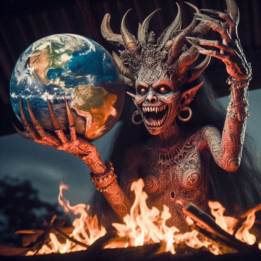 The Demonic Inversion of Life, Death, and Everything Else … a demoness holds the world over a fire