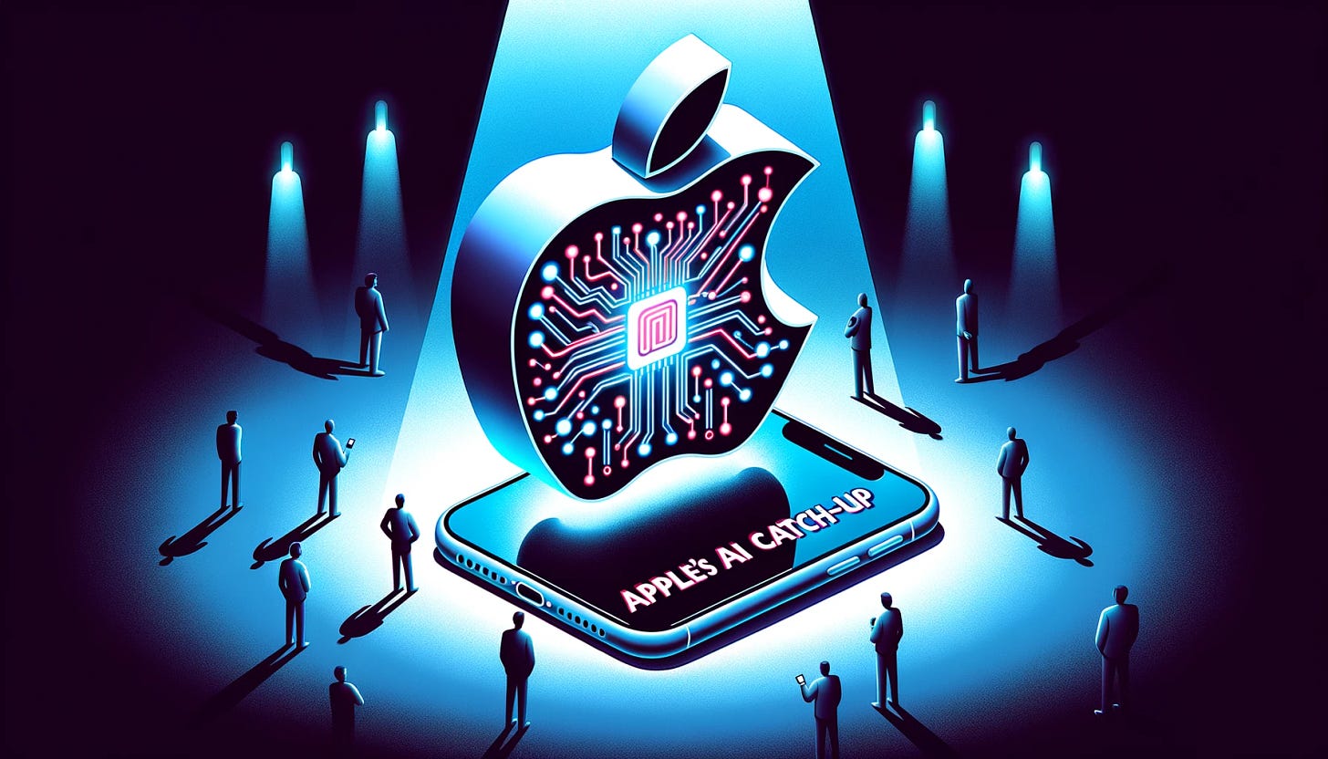 Illustration of a futuristic Apple device with advanced AI capabilities. The device emits light patterns symbolizing AI algorithms. Shadows of competing tech giants loom in the background, symbolizing the competitive pressure. The words 'Apple's AI Catch-Up' are boldly written across.