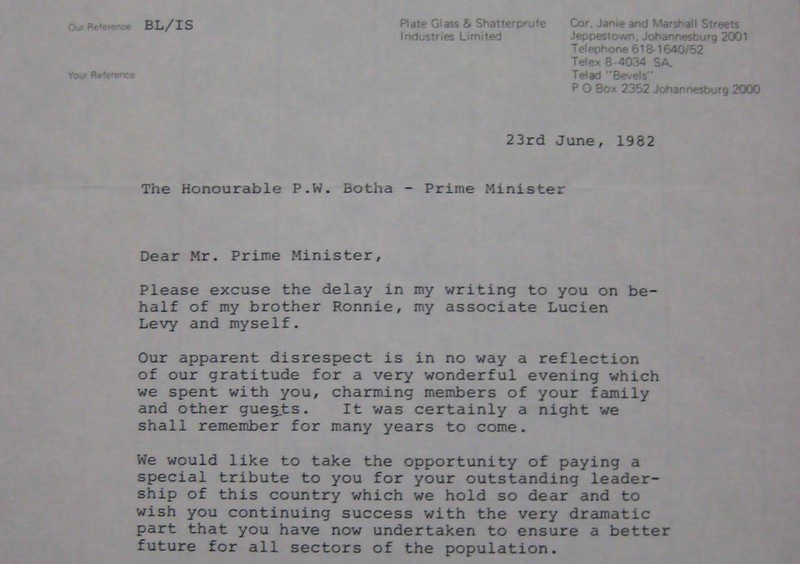 A photo of a letter from the Lubners to P. W. Botha
