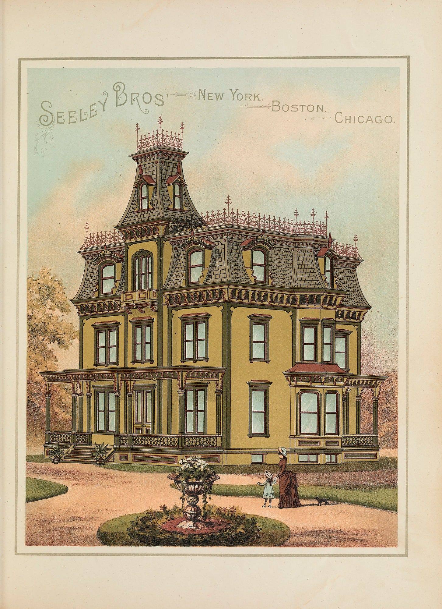 Advertisement for Seeley Brothers Paint Company. An illustration of a Second Empire house painted in three colors. The body is a straw yellow, the main accent color is brownstone, and the window sash color is a rich red. 