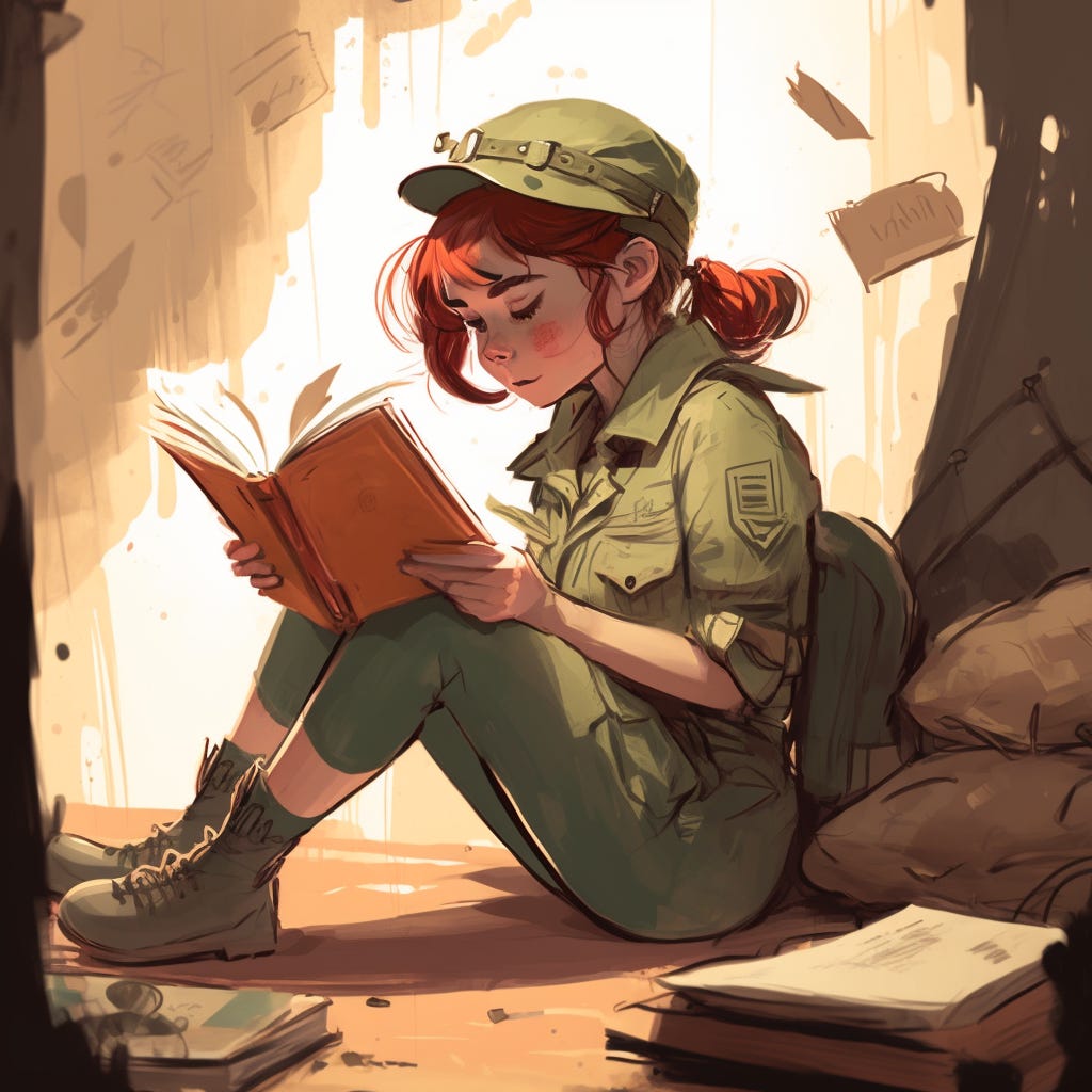 Girl sitting in a bootcamp reading a book