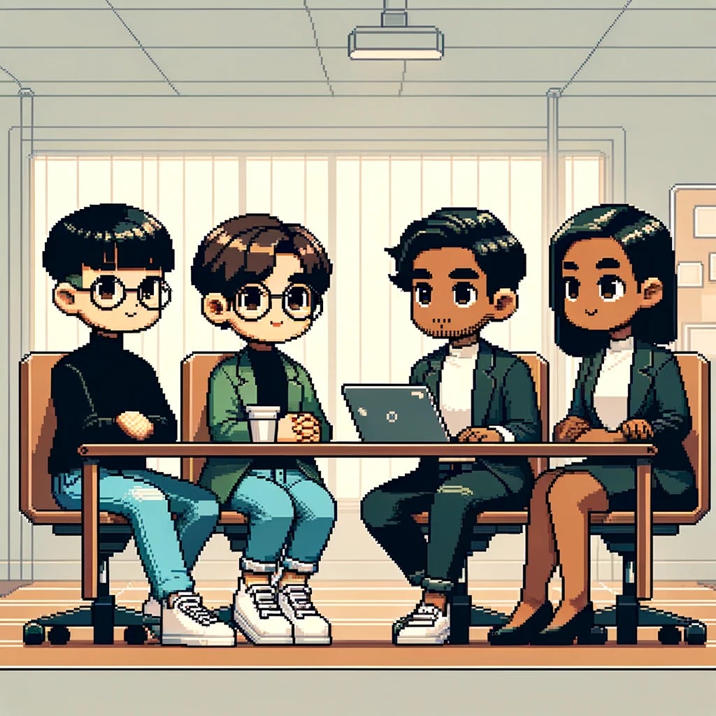 A pixel art scene depicting a meeting in a tech company, featuring four people in chibi style