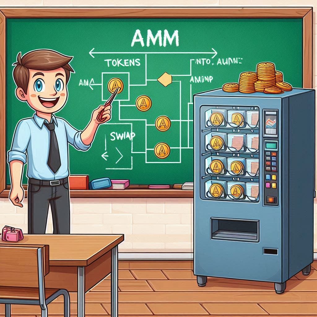 A cheerful teacher in a cartoon-style classroom pointing at a chalkboard with a simple blockchain diagram. The diagram includes a vending machine metaphor labeled AMM, with tokens entering on one side and swapping to another side.