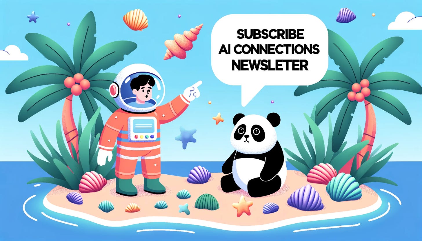 Vector art of a tropical beach with colorful shells scattered around. In the foreground, an astronaut and a panda are engaged in a friendly conversation. The astronaut points upwards, and a speech bubble from him reads: 'Subscribe AI Connections newsletter'.