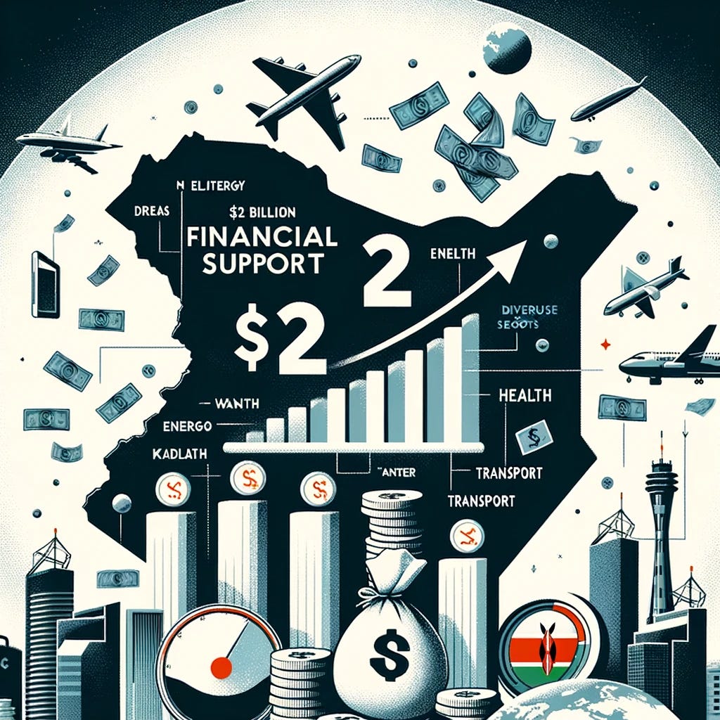 Illustration in a sophisticated and professional news graphic style, depicting Kenya's financial support from the World Bank. The image should symbolize the $12 billion financial injection, such as a representation of the World Bank with a large flow of currency symbols or a graph showing a significant upward trend. Include diverse sectors being supported, like energy, health, transport, and water, through subtle icons or symbols. The background could feature a simplified map of Kenya, placing the financial support in its geographical context. The overall image should convey the theme of economic growth and development aid, consistent with high-quality newspaper and magazine graphics.