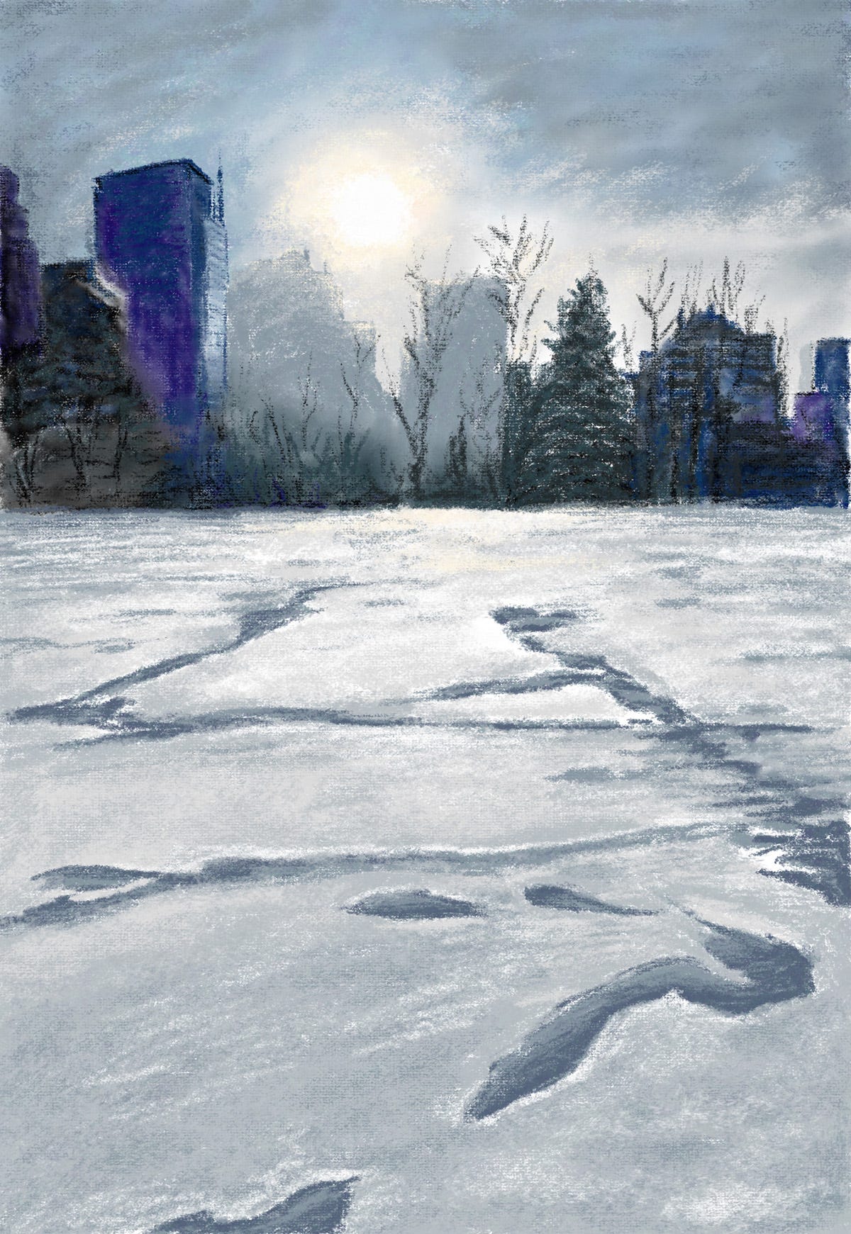 Digital painting done in a rough textured brush depicting a snowy urban scene. The condos and office towers are illuminated by a hazy winter sun. The snow in the foreground stretches towards the viewer and is pocked and broken by footsteps and little trails.