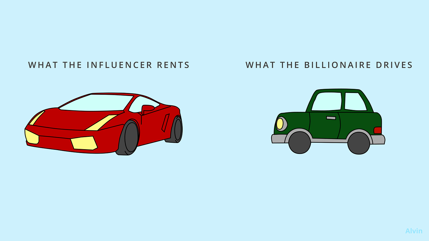 What the influencer rents: a luxury sports car. What the billionaire drives: a cheap sedan.