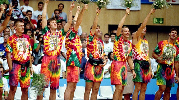 After the fall of the USSR, the Lithuanian Basketball team could not afford  jerseys for the 1992 Summer Olympics. The Grateful Dead helped out. : r/pics