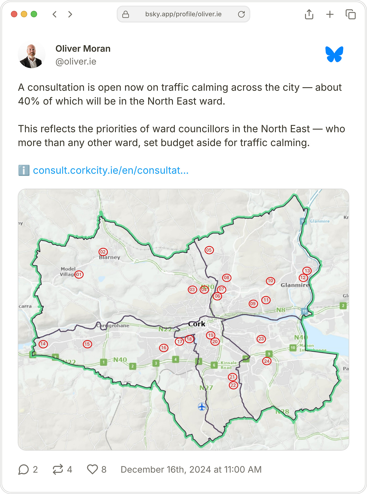 A post from Oliver Moran to Bluesky with the text, "A consultation is open now on traffic calming across the city — about 40% of which will be in the North East ward. This reflects the priorities of ward councillors in the North East — who more than any other ward, set budget aside for traffic calming."