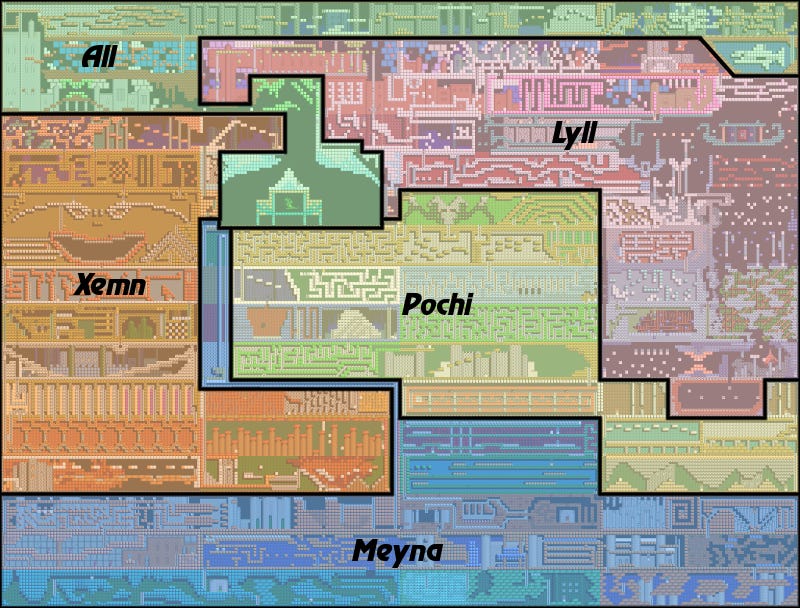 A color-coded map of the entire Legacy of the Wizard labyrinth, showing which characters belong to each section, and how large those sections are in comparison to the map as a whole.