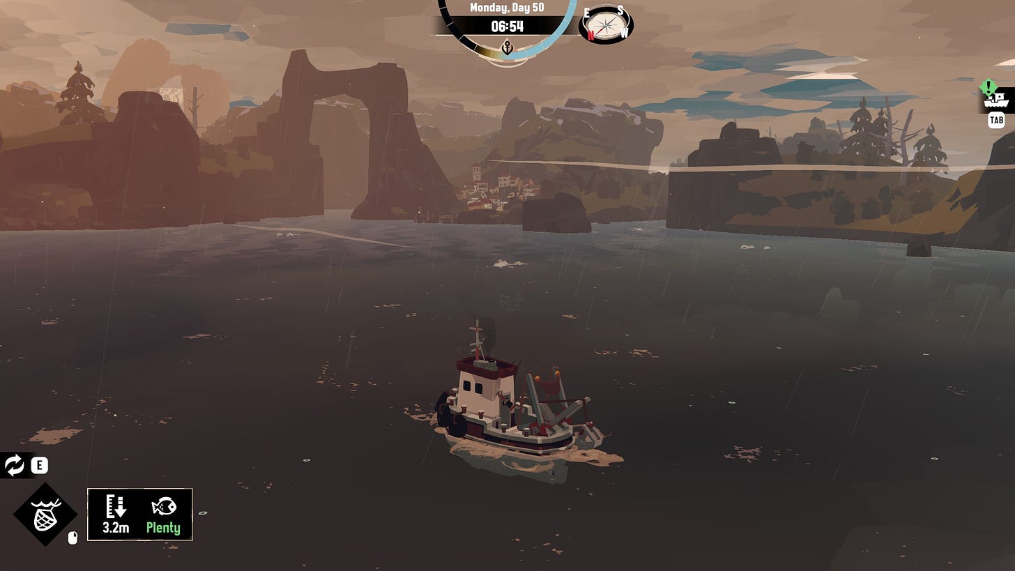 A ship puttering through dark waters with an ominous island in the background.