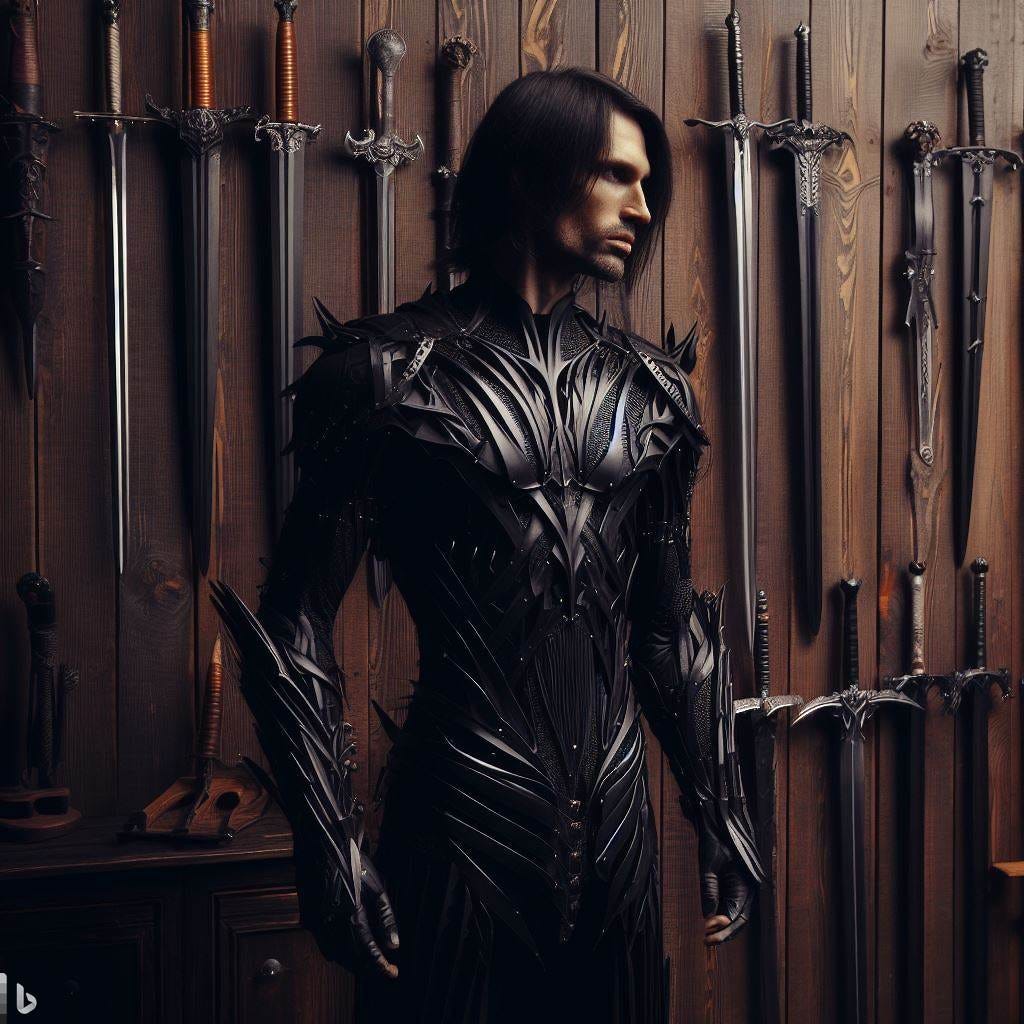 tall skinny man in full black metal armor suit, weapons shop, swords on display, wood walls, D&D fantasy art