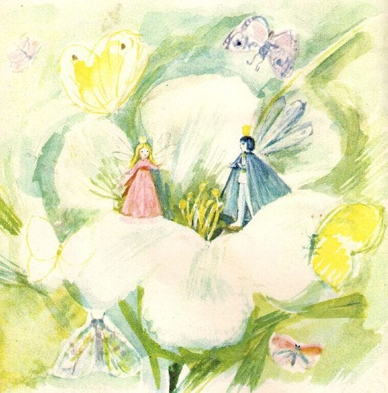 a vintage children's illustration by Natalya Basmanova from Thumbelina. Thumbelina and the fairy prince stand on the petals of a flower are are surrounded by fluttering butterflies.