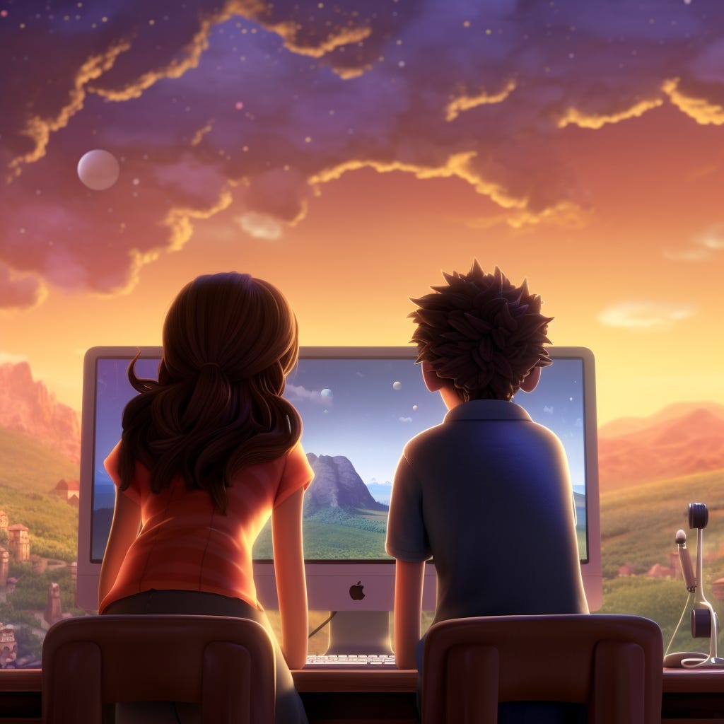 A couple looking at a computer and into the horizon