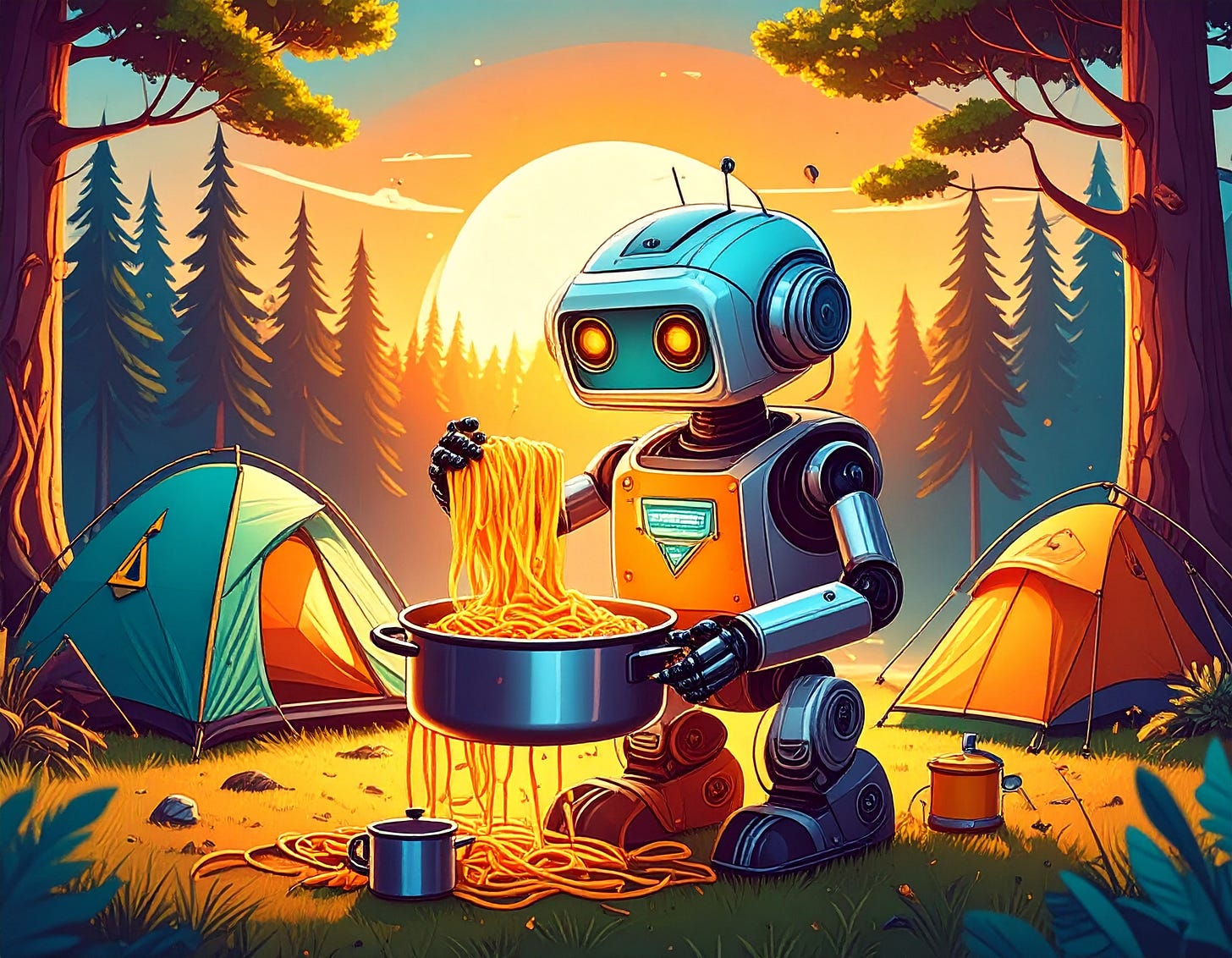 A cartoon-style robot with glowing orange eyes sits at a forest campsite, holding a pot overflowing with spaghetti. Noodles spill onto the grass around the robot. Colorful tents are pitched nearby under tall pine trees, and a bright sunset glows in the background. A small camp stove and mug sit on the ground, adding to the whimsical outdoor scene. A cartoon-style robot with glowing orange eyes sits at a forest campsite, holding a pot overflowing with spaghetti. Noodles spill onto the grass around the robot. Colorful tents are pitched nearby under tall pine trees, and a bright sunset glows in the background. A small camp stove and mug sit on the ground, adding to the whimsical outdoor scene.