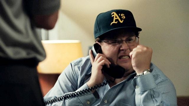 The green cap A's and the Oakland Athletics of Peter Brand (Jonah Hill) in  The Strategist | Spotern