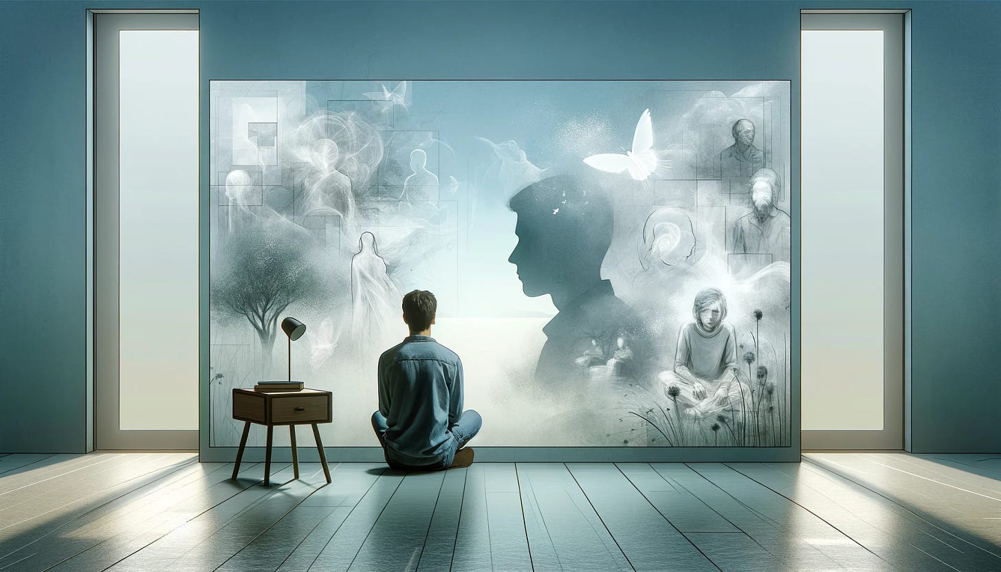 A widescreen image capturing the essence of aphantasia. The scene should depict a person sitting in a serene, minimalist room, perhaps a study or a living room, with a blank expression, indicating deep thought. Surrounding the person, there should be faint, ghostly outlines of various images - like a faint tree, a distant mountain, a person's face, and other objects - but all of them should be incomplete and fading into the background, representing the inability to visualize clearly. The overall color scheme should be soft and muted, with a focus on gentle blues and grays to emphasize the abstract nature of the concept.