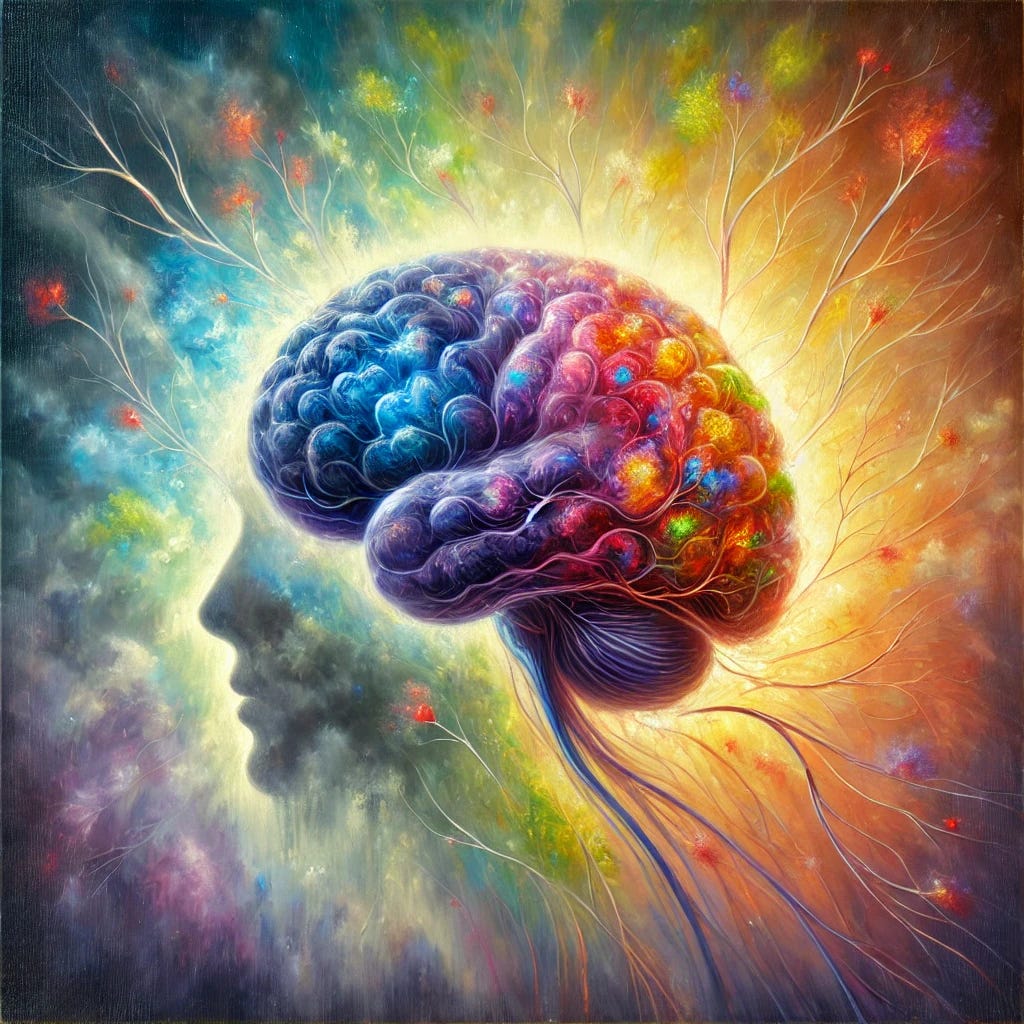 A vibrant, square oil painting illustrating an ethereal human brain as the central focus. One side of the brain is shrouded in dark, swirling colors of deep blue, gray, and violet, symbolizing the fog and confusion of Alzheimer's. The other side radiates with warm yellows, greens, and oranges, representing moments of cognitive clarity and hope. Fine branches like neural pathways extend across the brain, with subtle red and purple molecules along some pathways to represent ketones as an alternative energy source. The background is a gradient that shifts from darker tones to lighter, symbolizing a journey through struggle toward hope and resilience.