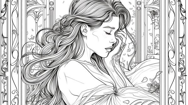 A princess is waking up in her castle room in this nice coloring page.