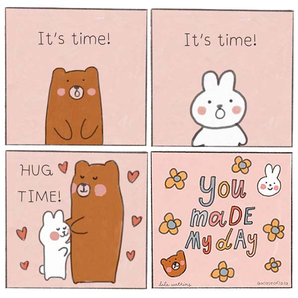 A brown bear says it’s time. A white rabbit says It’s time. They hug. It’s hug time.