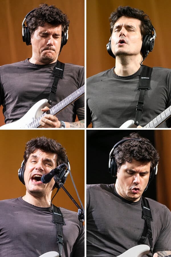 Images of John Mayer performing with his eyes closed and lips pursed; with his eyes closed and his lips open and slightly puckered; with his eyes slightly open and his mouth wide open; and with his eyes closed and his lips puckered.