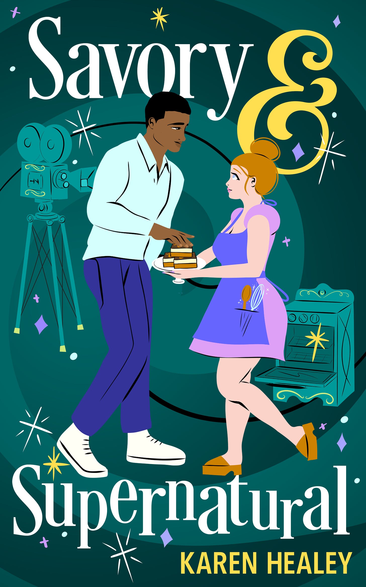 Green background with sketches of a film camera and an oven; white and yellow text reading Savory & Supernatural. Foreground shows two figures, a black man in blue plants and a light mint shirt leaning down to take a slice off a cake plate held by a white woman in a pink dress and blue apron. She has a whisk and a wooden spoon in her apron pocket. They are making cute eye contact and there are sparkles and swirls everywhere.