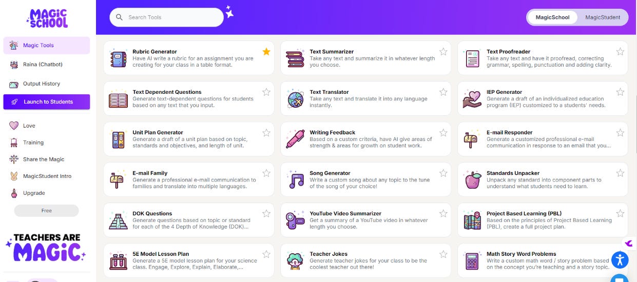 MagicSchool tools page.