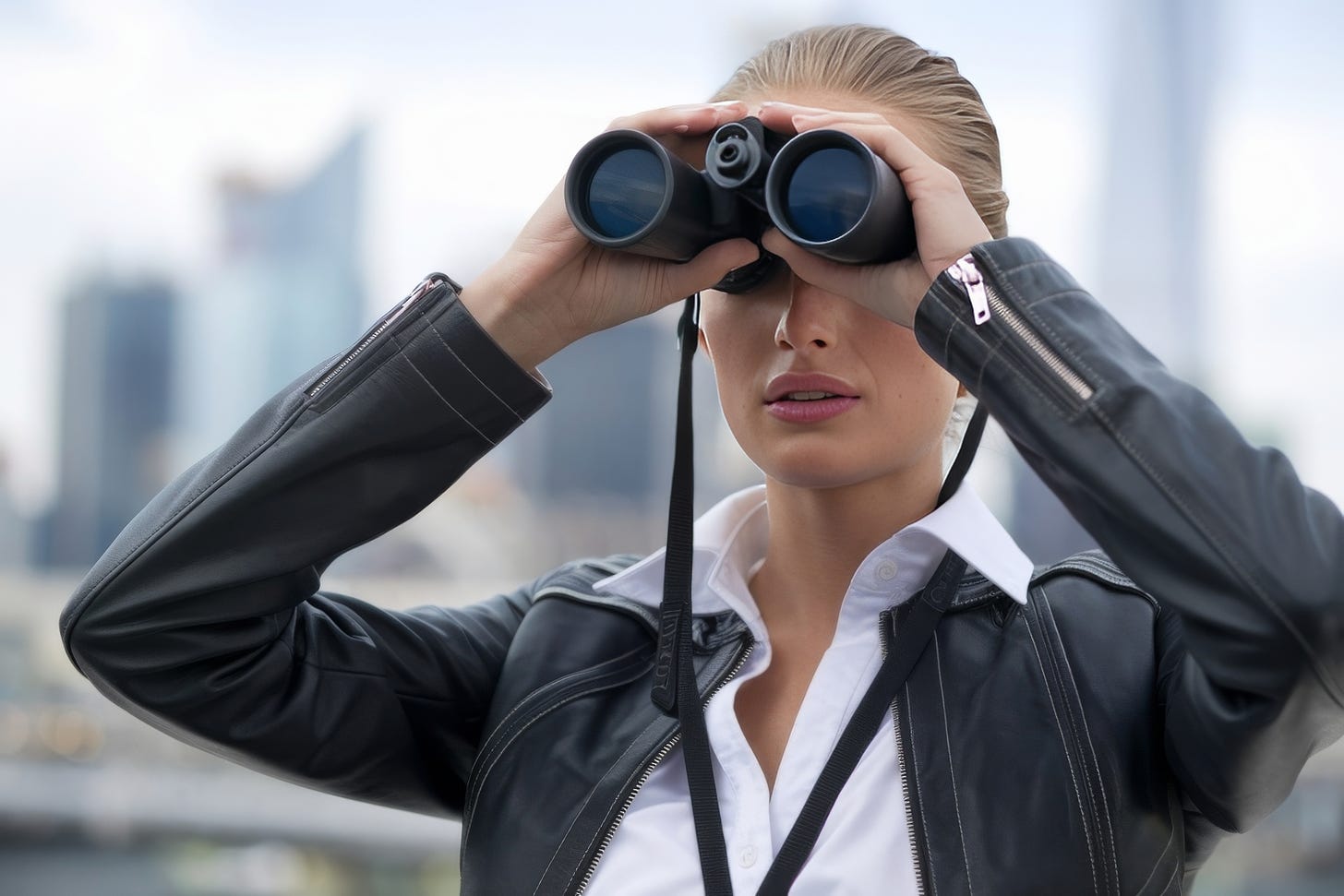 Young woman looking through binoculars.